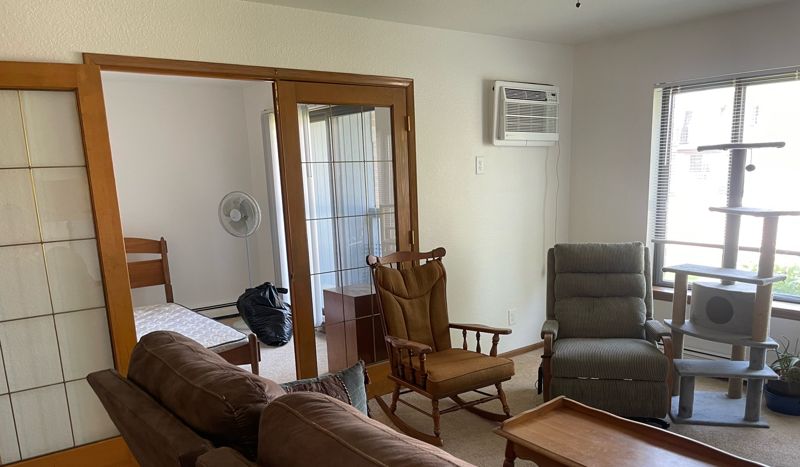 Bright living room with window, wall air conditioner and doorway to the bedroom